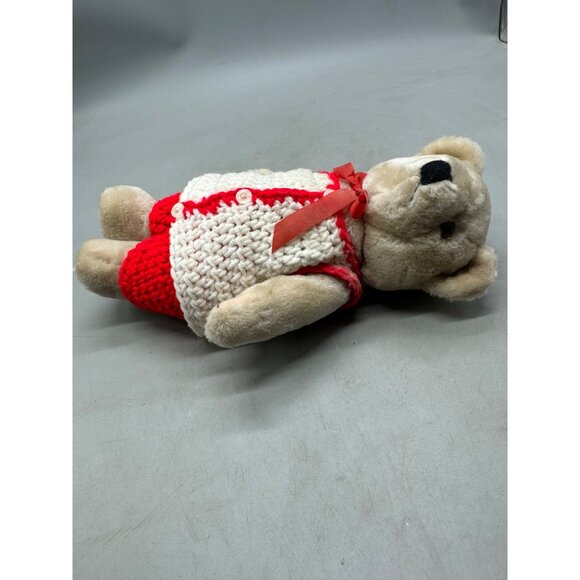 Vintage Plush Bear Handmade Red White Crochet Outfit Bow Soft Beige Fur Toy READ - Picture 7 of 7